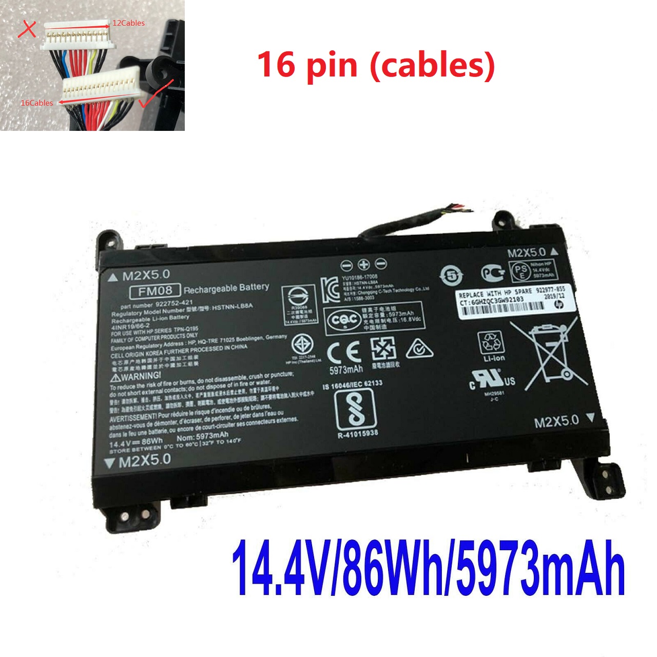 Batterie pour 16 Cables FM08 HP 922752-421, 922753-421, 922976-855, 922977-855(compatible)